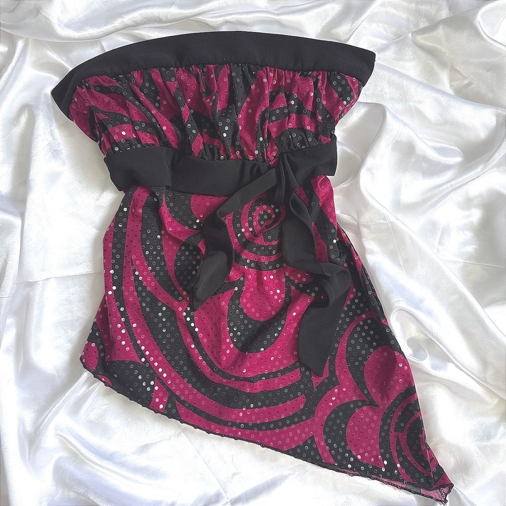Trixxi Pink Black Swirl Sequin Tube Top Asymmetrical Hem Y2K Small